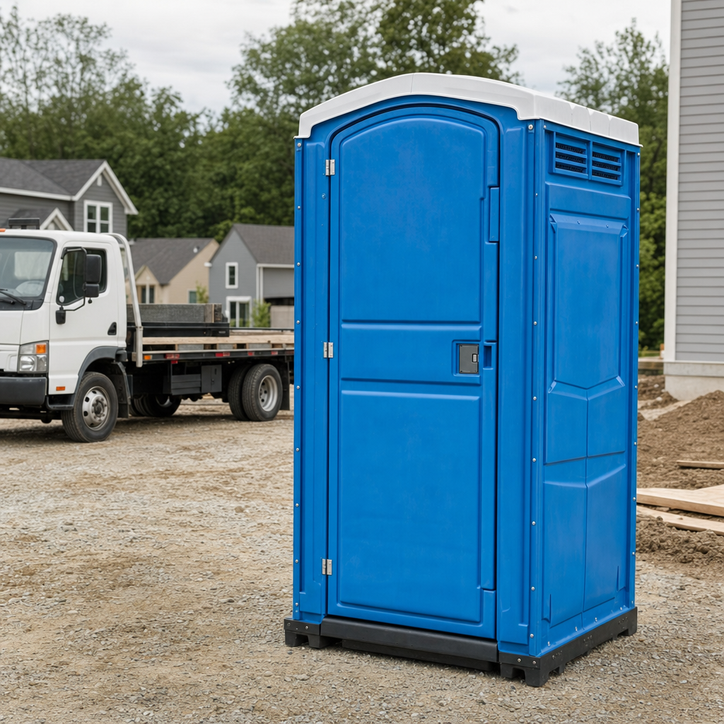 Delivery driver positioning a clean royal-blue portable toilet on level ground at a Seattle worksite